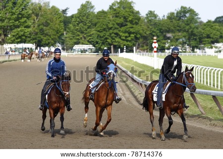 SARATOGA SPRINGS, NEW YORK - JUNE 5: Three H.James Bond trained horses gallop on the Oklahoma Training Track on June 5, 2011 in Saratoga Springs, NY