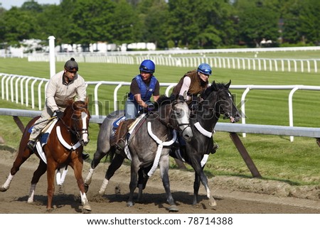 SARATOGA SPRINGS, NEW YORK - JUNE 5: Three Nick Zito trained horses gallop his horse at Oklahoma Training Track on June 5, 2011 in Saratoga Springs, NY