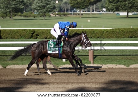 SARATOGA SPRINGS - JULY 23: It's Tricky runs out after winning the Grade 1 Coaches Club American Oaks Stakes July 23, 2011 in Saratoga Springs, NY.