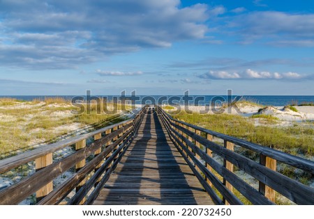 A wooden walkway to the Gulf of Mexico on the Alabama Gulf Coast.