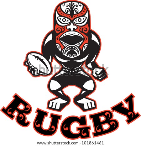 Illustration of a Maori warrior rugby player with mask standing with ball facing front on isolated white background.
