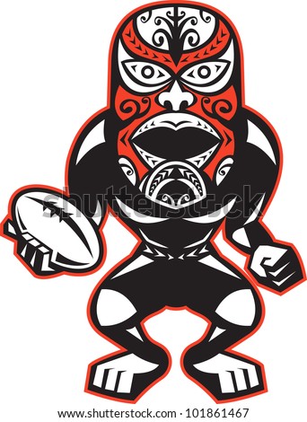 Illustration of a Maori warrior rugby player with mask standing with ball facing front on isolated white background.