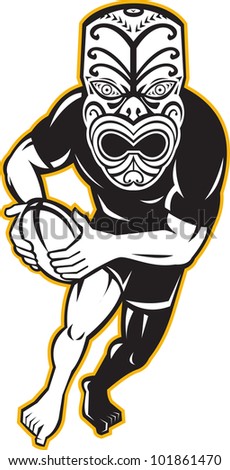Illustration of a Maori warrior rugby player with mask running with ball facing front on isolated white background.