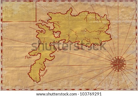 Ilustration of a treasure map showing island with coast and compass star done in vintage style.