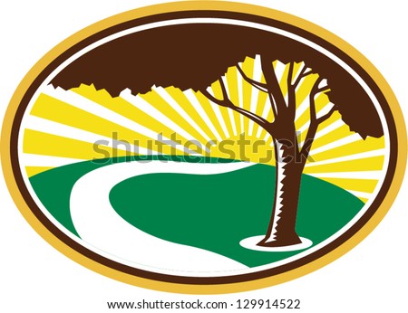 Illustration of a pecan tree silhouette with winding river stream and sunburst in background done in retro style.