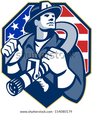 Illustration of an American fireman fire fighter emergency worker slinging a fire hose on shoulder set inside shield with USA stars and stripes flag done in retro style Illustration of an American fireman fire fighter emergency worker slinging a fire hose on shoulder set inside shield with USA stars and stripes flag done in retro style
