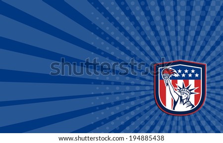 Business card showing illustration of statue of liberty holding up a flaming torch in american flag stars and stripes background set inside a shield done in retro style.