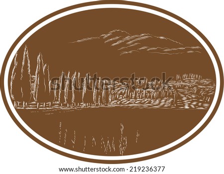 Illustration of Tuscan landscape in Tuscany, Italy showing tree and with surrounding houses and landscape set inside oval done in retro woodcut style.