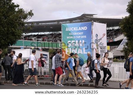 AUCKLAND-Mar.24: Cricket fans at ICC Cricket World Cup 2015 at Eden Park Rugby Stadium for Semi Final game between New Zealand and South Africa in Auckland, New Zealand on Tuesday, March 24, 2015.