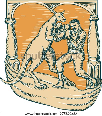 Etching engraving handmade style illustration of a kangaroo with boxing gloves boxing man set on a stage.