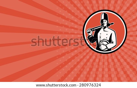 Business card showing illustration of a cook chef baker with roller facing front set inside circle done in retro style.