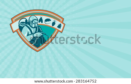Business card showing retro Illustration of a pest control exterminator worker spraying with rat, mice, mouse, fly,bug,cockroach set inside shield on isolated white background.