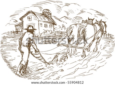  sketched vector illustration of a Farmer and horse plowing the field
