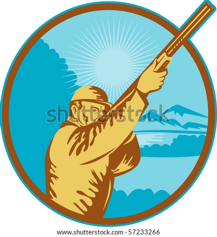 illustration of a Hunter with shotgun  rifle and mountains in background done in retro style.