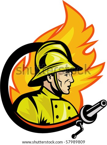 vector illustration of a Fireman or firefighter with fire hose and fire in the background.