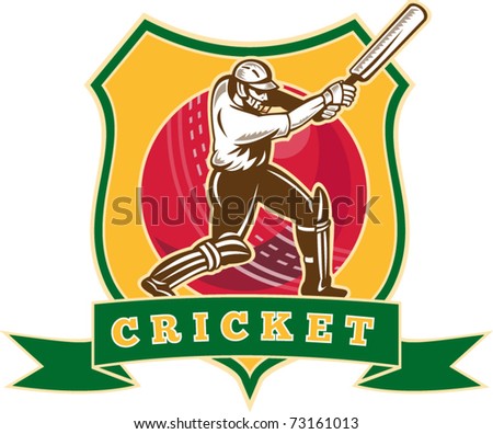 vector illustration of a cricket sports batsman batting viewed from front with cricket ball in the middle and shield with words \