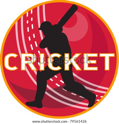 illustration of a cricket sports ball with cricket player batsman batting with words \