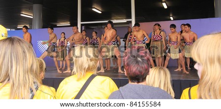 AUCKLAND- SEPT. 6: New Zealand Maori tribe group perform Haka warrior war dance at Auckland International Airport, Auckland, New Zealand on Tuesday September 6, 2011.