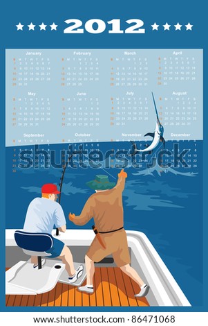 poster calendar 2012 showing Blue Marlin Fish jumping with big game fisherman fishing on boat done in retro style