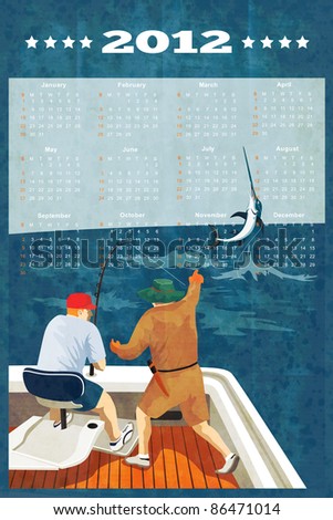 poster calendar 2012 showing Blue Marlin Fish jumping with big game fisherman fishing on boat done in retro style