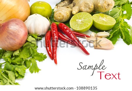 Fresh herbs and spices (chili, garlic, ginger, lemon, onion, shallot, kaffir lime leaves, coriander and hot basil leaves)