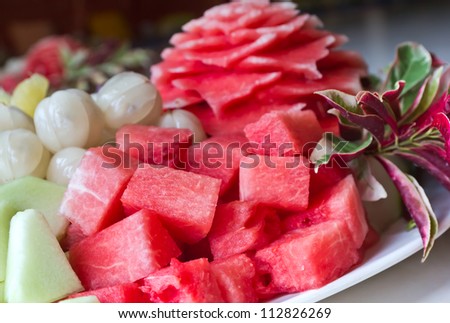 Watermelon and famous tropical fruits cut professionally cut professionally