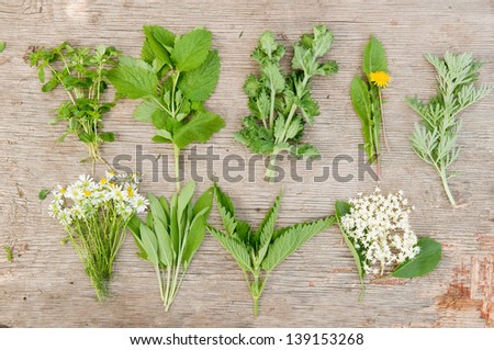 Variety of fresh herbs on old wooden background