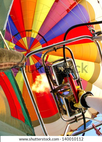 A Hot Air Balloon burners in operation at an colorful balloon