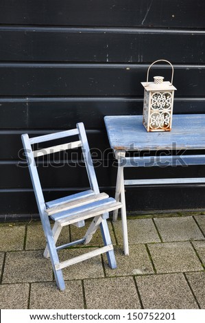 Blue vintage wooden chair and table