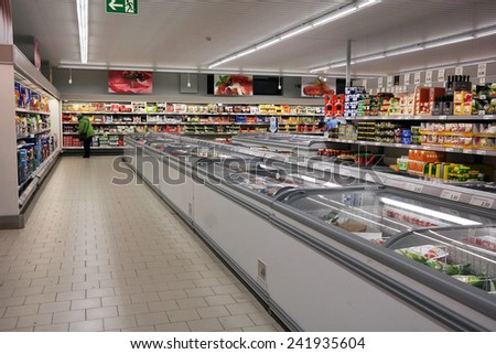 NORDHORN, GERMANY - DECEMBER 23: Interior of Aldi supermarket, Aldi is a global discount supermarket chain with over 9,000 stores in over 18 countries. Taken on December 23, 2014 in Nordhorn, Germany