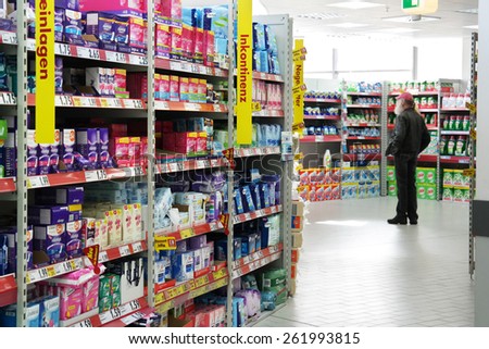 MEPPEN, GERMANY - FEBRUARY 27: Aisle with a variety feminine hygiene products in a Kaufland hypermarket, a German hypermarket chain, part of the Schwarz Gruppe. Taken in Germany, February 27, 2014