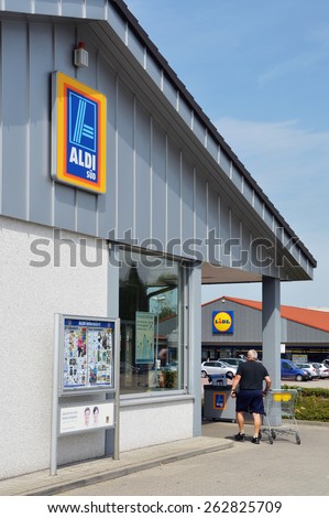 RENCHEN, GERMANY - AUGUST 21: Aldi and Lidl supermarket near each other, two German supermarket chains are competitors in discount retailing in Europe. Taken on August 21, 2012 in Renchen , Germany