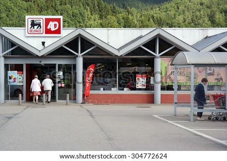 MALMEDY, BELGIUM - JULY 29: Delhaize supermarket, part of Delhaize Group, an international food retailer which operates supermarkets on three continents. Taken in Belgium on July 29, 2015