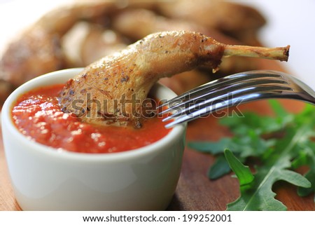 food, fried quail, potatoes, restaurant dish, white plate background