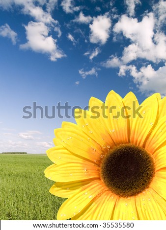 Bright artificial sunflower on a background of the light-blue sky