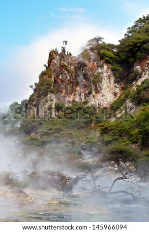 Natural hot spring and team mountain in the national park, Rotorua, North Island, New Zealand