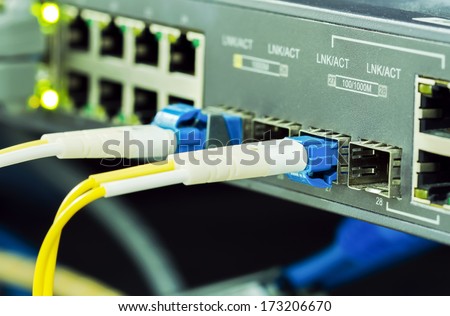 Optical fiber cable single mode LC patch cord with blue connector plug in to equipment