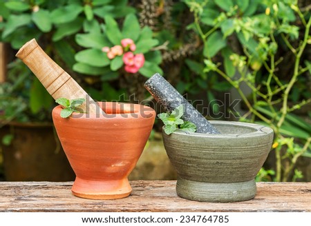 Mint herb leaf in granite and clay mortar with pestle on wood with nature background