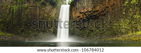 Panoramic of Abiqua Falls, a waterfall in the rain forests of Oregon