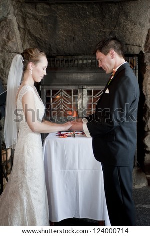 Newlyweds holding hands, saying wedding vows