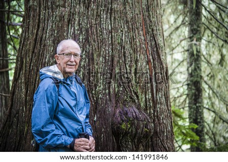 Elderly active man hiking in old growth forest