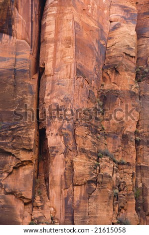 View of the red sandstone walls of Zion National Park in Utah.