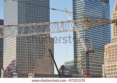 Construction cranes at work putting up high rise buildings at the new World Trade Center.
