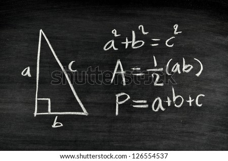 right-angled triangle area and perimeter formula written on blackboard