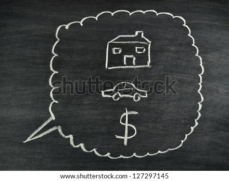 a dreaming of house,car and money drawing on blackboard