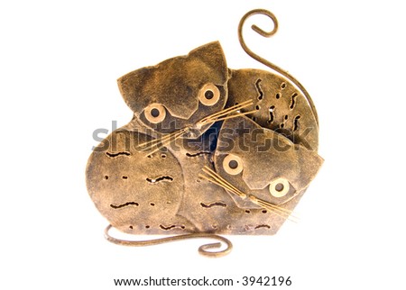 Cats statuette from cooper metal on white background (isolated)