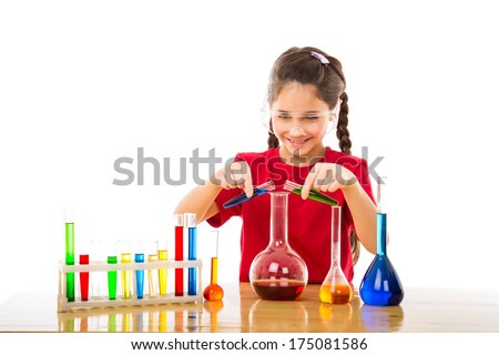 Girl mixes chemicals in a flask , isolated on white