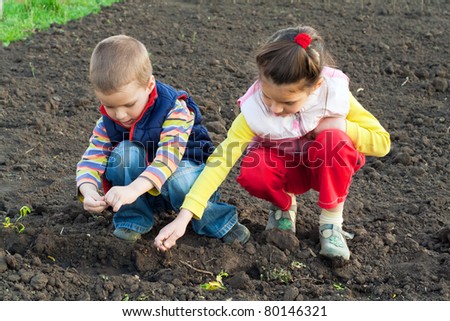 Two little children planting seeds in the field, outdoors
