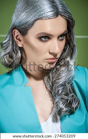 beautiful girl with silver hair in blue jacket