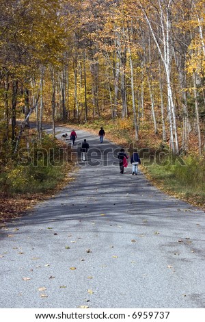 Family and dog taking a walk through a Canadian forest.